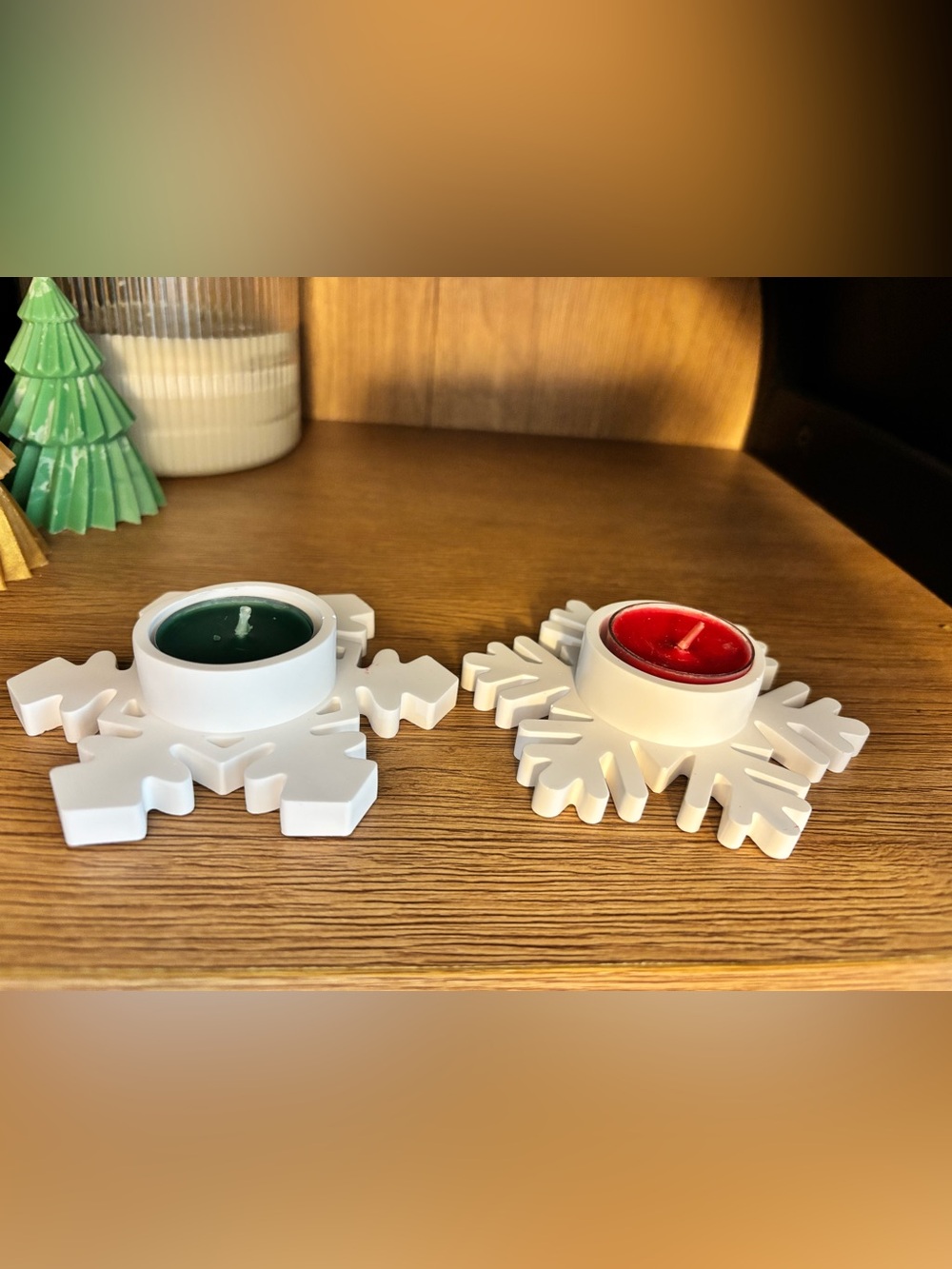 White Snowflake Tea Light Candle Holders with Red and Green Candles